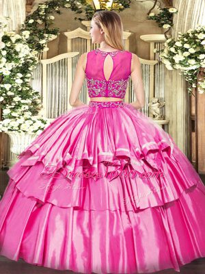 Charming Rose Pink Scoop Neckline Beading and Ruffled Layers Quinceanera Gown Sleeveless Zipper