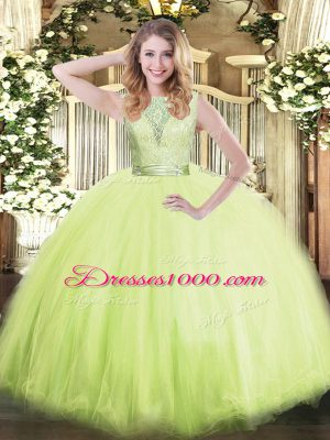 Glittering Yellow Green Sleeveless Floor Length Lace Backless Sweet 16 Dress