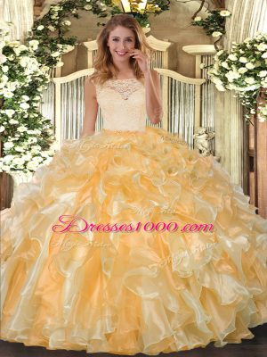 Ideal Gold Ball Gowns Organza Scoop Sleeveless Lace and Ruffles Floor Length Clasp Handle Quinceanera Dress