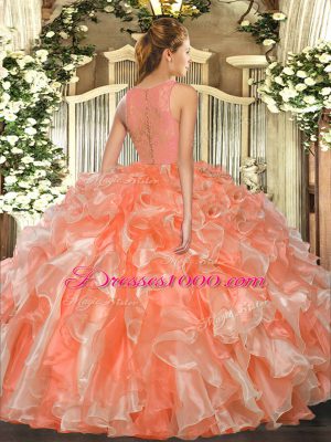 Ideal Gold Ball Gowns Organza Scoop Sleeveless Lace and Ruffles Floor Length Clasp Handle Quinceanera Dress