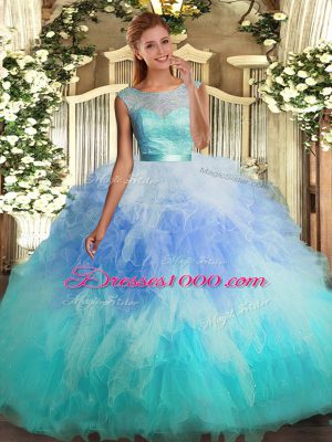 Multi-color Ball Gowns Lace and Ruffles Quince Ball Gowns Backless Organza Sleeveless Floor Length