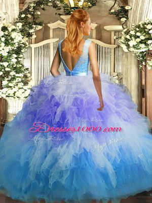 Multi-color Ball Gowns Lace and Ruffles Quince Ball Gowns Backless Organza Sleeveless Floor Length