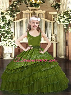 Olive Green Scoop Neckline Beading and Embroidery and Ruffled Layers Child Pageant Dress Sleeveless Zipper