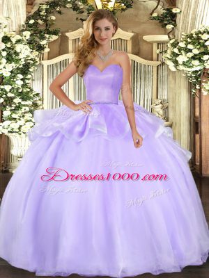 Floor Length Lavender Ball Gown Prom Dress Organza Sleeveless Beading and Ruffles