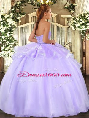 Floor Length Lavender Ball Gown Prom Dress Organza Sleeveless Beading and Ruffles