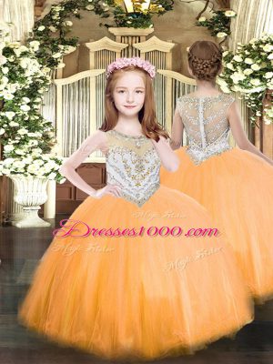 Orange Ball Gowns Beading Little Girls Pageant Dress Zipper Tulle Sleeveless Floor Length
