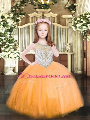 Orange Ball Gowns Beading Little Girls Pageant Dress Zipper Tulle Sleeveless Floor Length