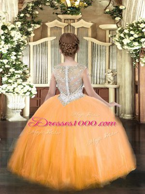 Orange Ball Gowns Beading Little Girls Pageant Dress Zipper Tulle Sleeveless Floor Length