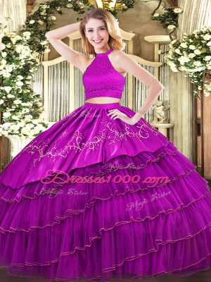 Fantastic Fuchsia Ball Gowns Halter Top Sleeveless Organza Floor Length Backless Beading and Embroidery and Ruffled Layers Sweet 16 Dress