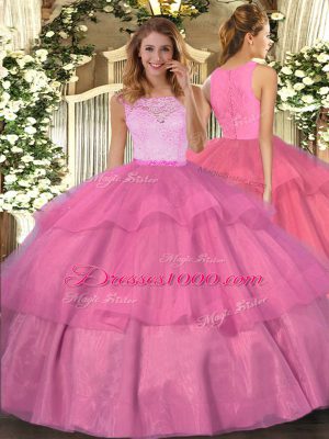 Adorable Hot Pink Ball Gowns Lace and Ruffled Layers Quince Ball Gowns Clasp Handle Organza Sleeveless Floor Length