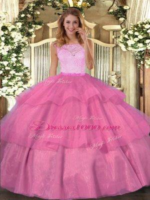 Adorable Hot Pink Ball Gowns Lace and Ruffled Layers Quince Ball Gowns Clasp Handle Organza Sleeveless Floor Length