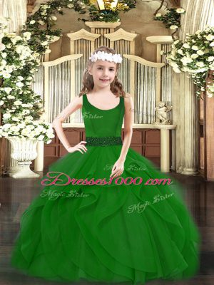 Tulle Scoop Sleeveless Zipper Beading and Ruffles Little Girls Pageant Dress Wholesale in Dark Green