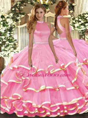 Watermelon Red Backless Halter Top Beading and Ruffled Layers Quinceanera Gowns Organza Sleeveless