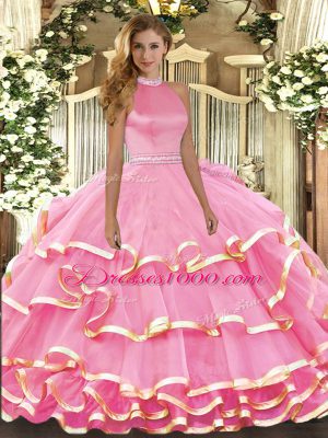 Watermelon Red Backless Halter Top Beading and Ruffled Layers Quinceanera Gowns Organza Sleeveless