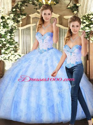 Simple Sweetheart Sleeveless Organza Ball Gown Prom Dress Beading and Ruffles Lace Up