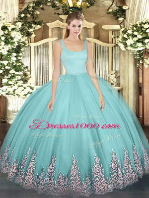 Sexy Appliques Sweet 16 Dresses Aqua Blue Zipper Sleeveless Floor Length