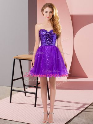 Pretty Mini Length Zipper Prom Evening Gown Purple for Prom and Party with Sequins