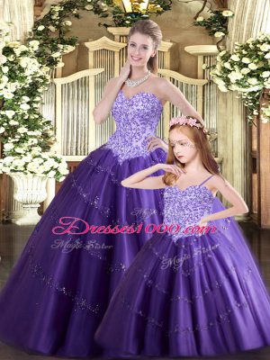 Ball Gowns Quince Ball Gowns Purple Sweetheart Tulle Sleeveless Floor Length Lace Up