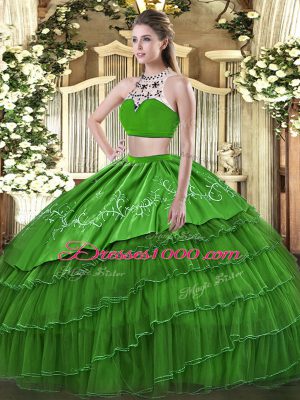 Most Popular Beading and Embroidery and Ruffles Quinceanera Dresses Green Backless Sleeveless Floor Length