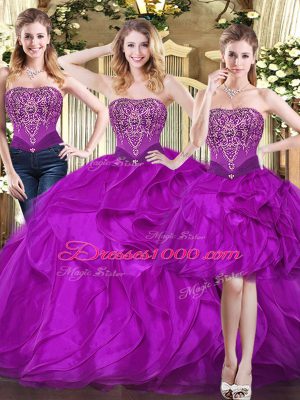 Sumptuous Fuchsia Strapless Neckline Beading and Ruffles Quinceanera Dress Sleeveless Lace Up