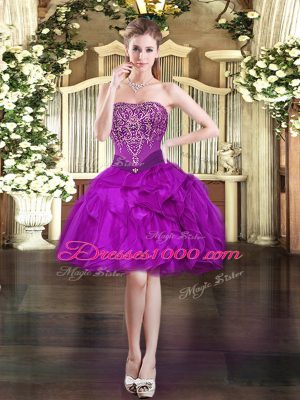 Sumptuous Fuchsia Strapless Neckline Beading and Ruffles Quinceanera Dress Sleeveless Lace Up
