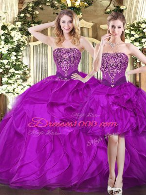 Sumptuous Fuchsia Strapless Neckline Beading and Ruffles Quinceanera Dress Sleeveless Lace Up