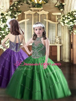 Green Sleeveless Floor Length Beading Lace Up Glitz Pageant Dress