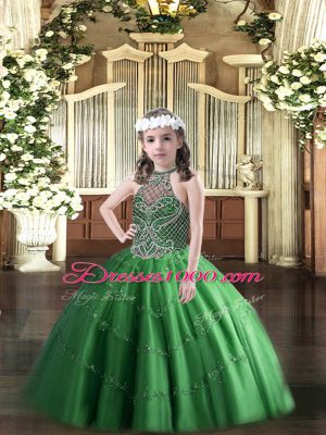Green Sleeveless Floor Length Beading Lace Up Glitz Pageant Dress