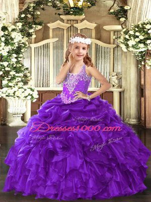 Floor Length Purple Child Pageant Dress Organza Sleeveless Beading and Ruffles and Pick Ups