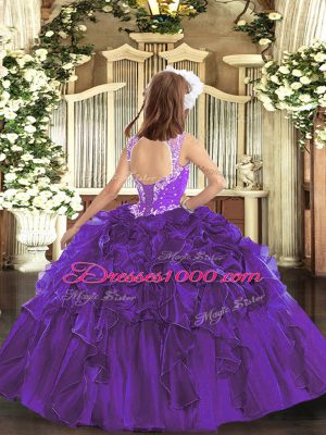 Floor Length Purple Child Pageant Dress Organza Sleeveless Beading and Ruffles and Pick Ups