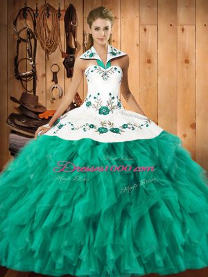 Cheap Embroidery and Ruffles Vestidos de Quinceanera Turquoise Lace Up Sleeveless Floor Length