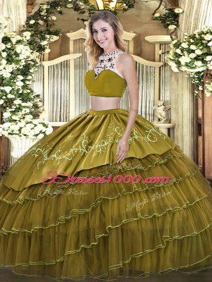 Free and Easy High-neck Sleeveless Ball Gown Prom Dress Floor Length Beading and Embroidery and Ruffled Layers Olive Green Tulle