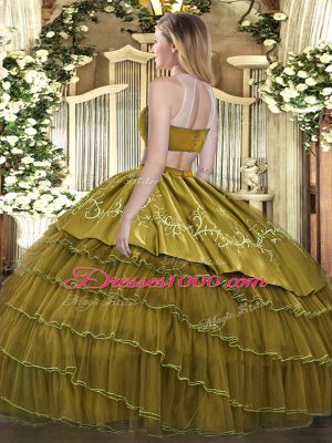 Free and Easy High-neck Sleeveless Ball Gown Prom Dress Floor Length Beading and Embroidery and Ruffled Layers Olive Green Tulle