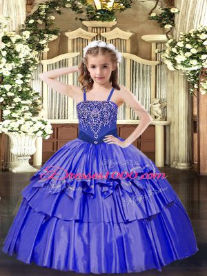 Blue Organza Lace Up Party Dress Wholesale Sleeveless Floor Length Beading and Ruffled Layers