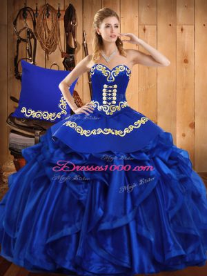 Glamorous Embroidery and Ruffles Sweet 16 Quinceanera Dress Royal Blue Lace Up Sleeveless Floor Length
