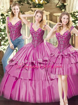 Elegant Fuchsia Organza Lace Up V-neck Sleeveless Floor Length Sweet 16 Dresses Beading and Ruffled Layers