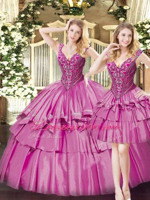 Elegant Fuchsia Organza Lace Up V-neck Sleeveless Floor Length Sweet 16 Dresses Beading and Ruffled Layers