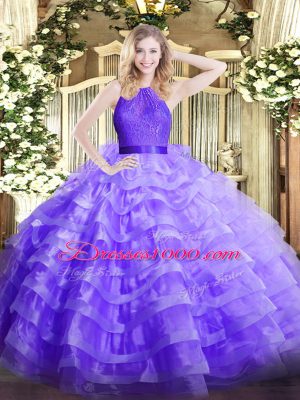 Sophisticated Sleeveless Floor Length Ruffled Layers Zipper 15 Quinceanera Dress with Lavender