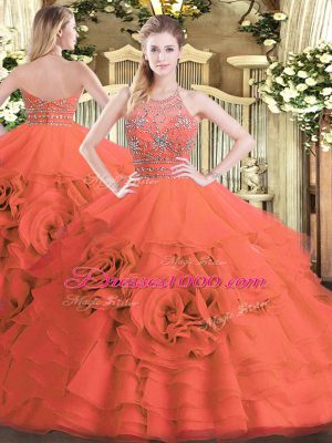 Halter Top Sleeveless Quinceanera Gown Floor Length Beading and Ruffled Layers Red Tulle