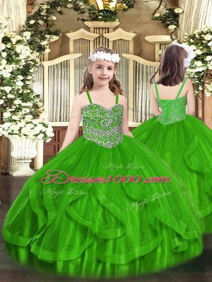 Beading and Ruffles Casual Dresses Green Lace Up Sleeveless Floor Length