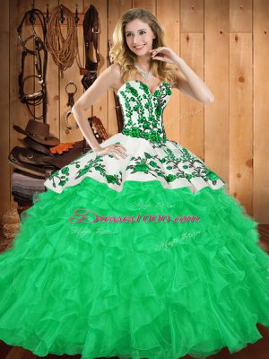 Elegant Sleeveless Floor Length Embroidery and Ruffles Lace Up Quinceanera Gown with Green