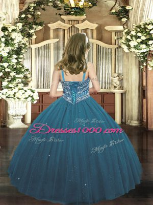 Teal Sleeveless Tulle Lace Up Kids Pageant Dress for Party and Quinceanera