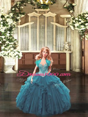 Extravagant Floor Length Ball Gowns Sleeveless Teal 15th Birthday Dress Lace Up