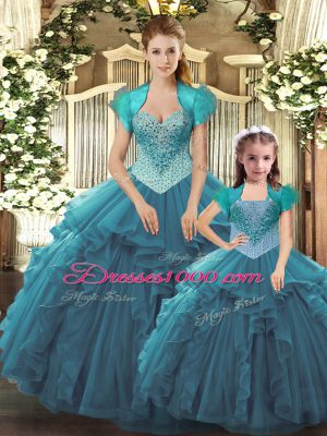 Extravagant Floor Length Ball Gowns Sleeveless Teal 15th Birthday Dress Lace Up