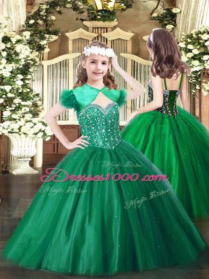Customized Dark Green Tulle Lace Up Straps Sleeveless Floor Length Pageant Dress Beading