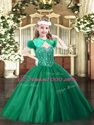 Customized Dark Green Tulle Lace Up Straps Sleeveless Floor Length Pageant Dress Beading