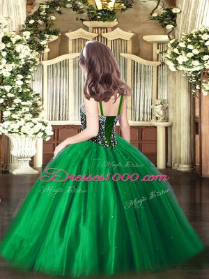 Customized Dark Green Tulle Lace Up Straps Sleeveless Floor Length Pageant Dress Beading