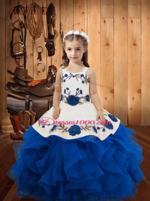 Top Selling Straps Sleeveless Tulle Little Girl Pageant Dress Embroidery and Ruffles Lace Up