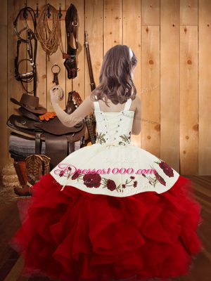 Top Selling Straps Sleeveless Tulle Little Girl Pageant Dress Embroidery and Ruffles Lace Up