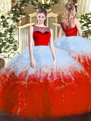 Latest White And Red Ball Gowns Ruffles Vestidos de Quinceanera Zipper Tulle Sleeveless Floor Length